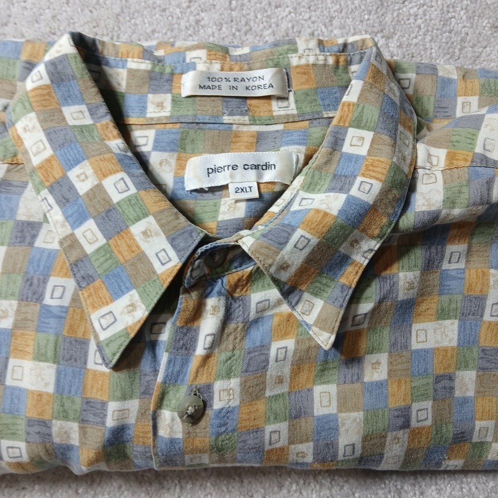 Pierre Cardin Shirt Men 2XLT Tropical Hawaiian Green Brown White Geometric Rayon